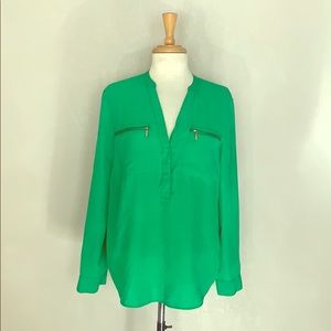 MK green zipper pocket blouse roll up sleeves